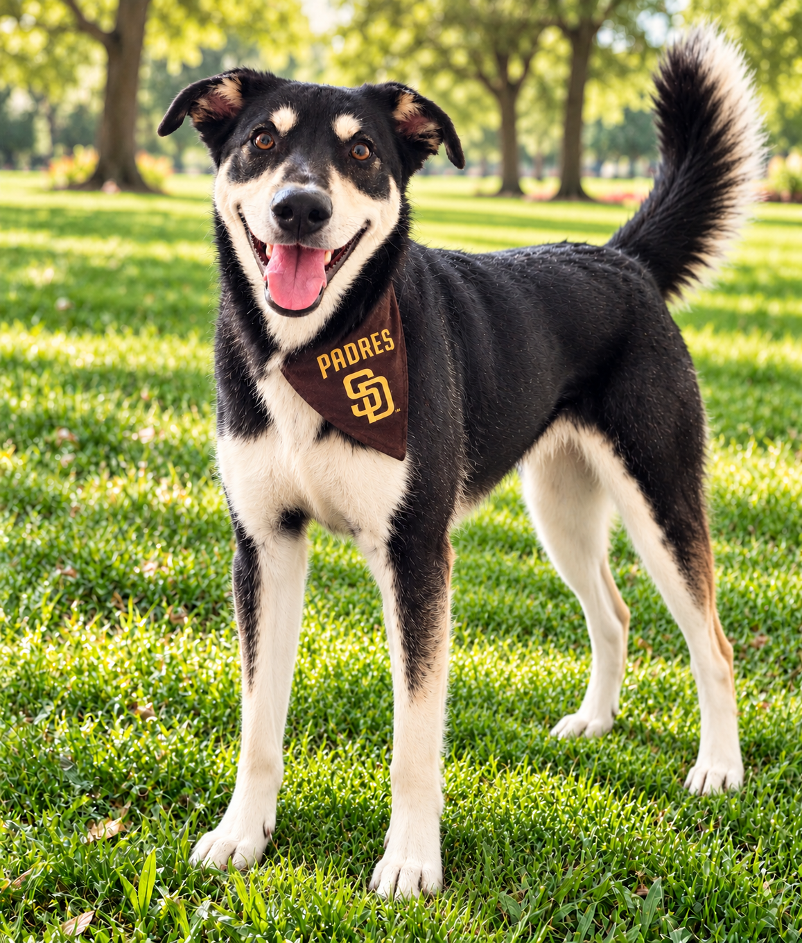 Happy dog wearing a Padres bandana